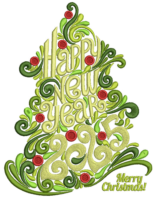 Ornate Christmas Tree Happy New Year 2025 Filled Machine Embroidery Design Digitized Pattern