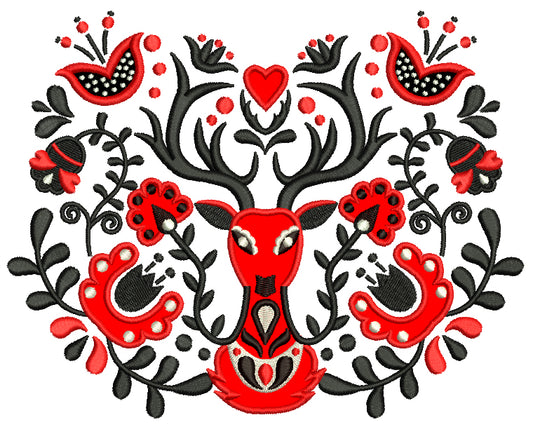 Ornate Deer With Flowers And Heart Valentine's Day Love Applique Machine Embroidery Design Digitized Pattern