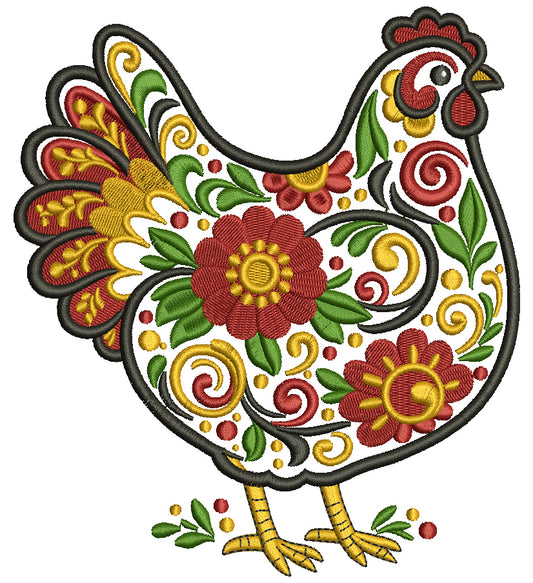 Ornate Hen Chicken With Flowers Filled Machine Embroidery Design Digitized Pattern