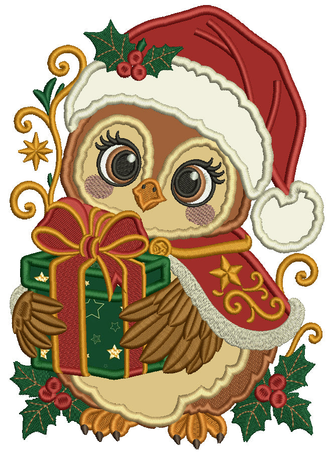 Owl Christmas Machine Embroidery Design With Present- Applique
