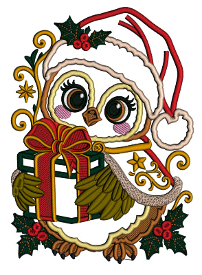 Owl Christmas Machine Embroidery Design With Present- Applique
