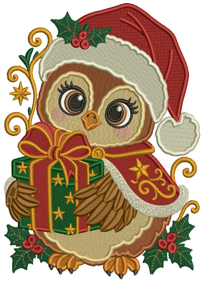 Owl Christmas Machine Embroidery Design With Present - Filled