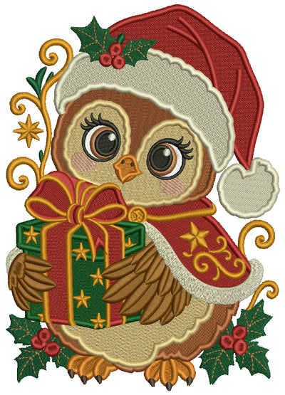 Owl Christmas Machine Embroidery Design With Present - Filled