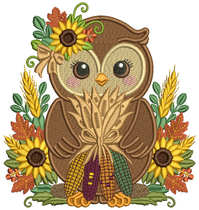 Owl With Sunflowers Fall Machine Embroidery Design - Filled Pattern