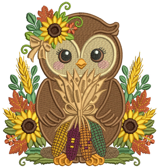 Owl With Sunflowers Fall Machine Embroidery Design - Filled Pattern