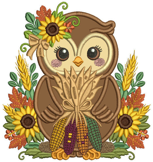 Owl With Sunflowers Fall Machine Embroidery Design - Applique Pattern