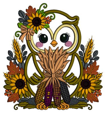 Owl With Sunflowers Fall Machine Embroidery Design - Applique Pattern