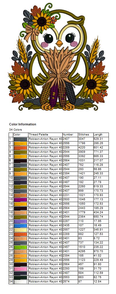 Owl With Sunflowers Fall Machine Embroidery Design - Applique Pattern