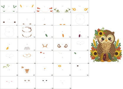 Owl With Sunflowers Fall Machine Embroidery Design - Applique Pattern