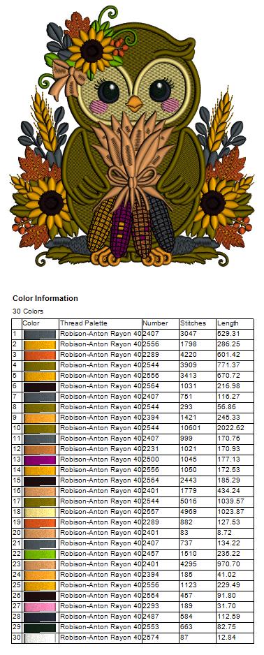 Owl With Sunflowers Fall Machine Embroidery Design - Filled Pattern