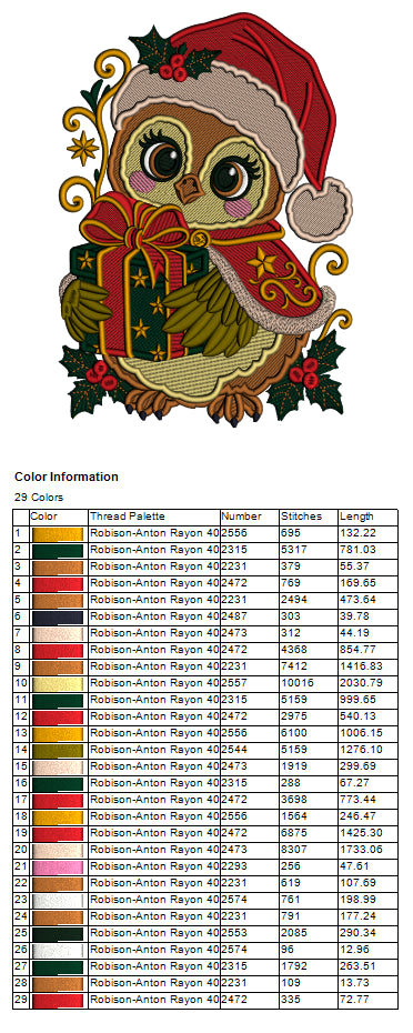 Owl Christmas Machine Embroidery Design With Present - Filled
