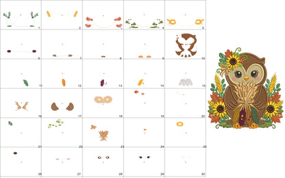 Owl With Sunflowers Fall Machine Embroidery Design - Filled Pattern