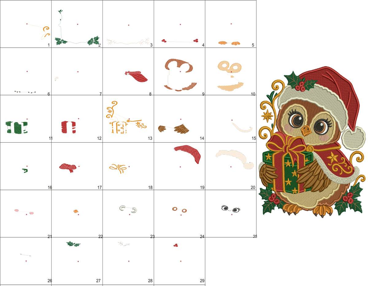 Owl Christmas Machine Embroidery Design With Present - Filled