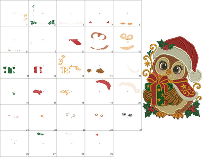 Owl Christmas Machine Embroidery Design With Present - Filled