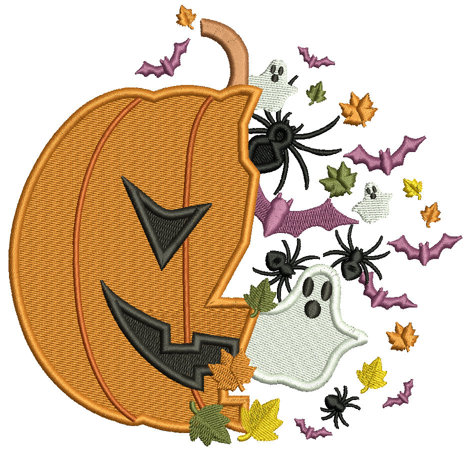 Pumpkin Ghosts And Spiders Halloween Filled Machine Embroidery Design Digitized Pattern