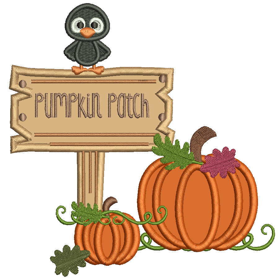 Pumpkin Patch Little Crow Sitting on the Sign Halloween Applique Machine Embroidery Design Digitized Pattern