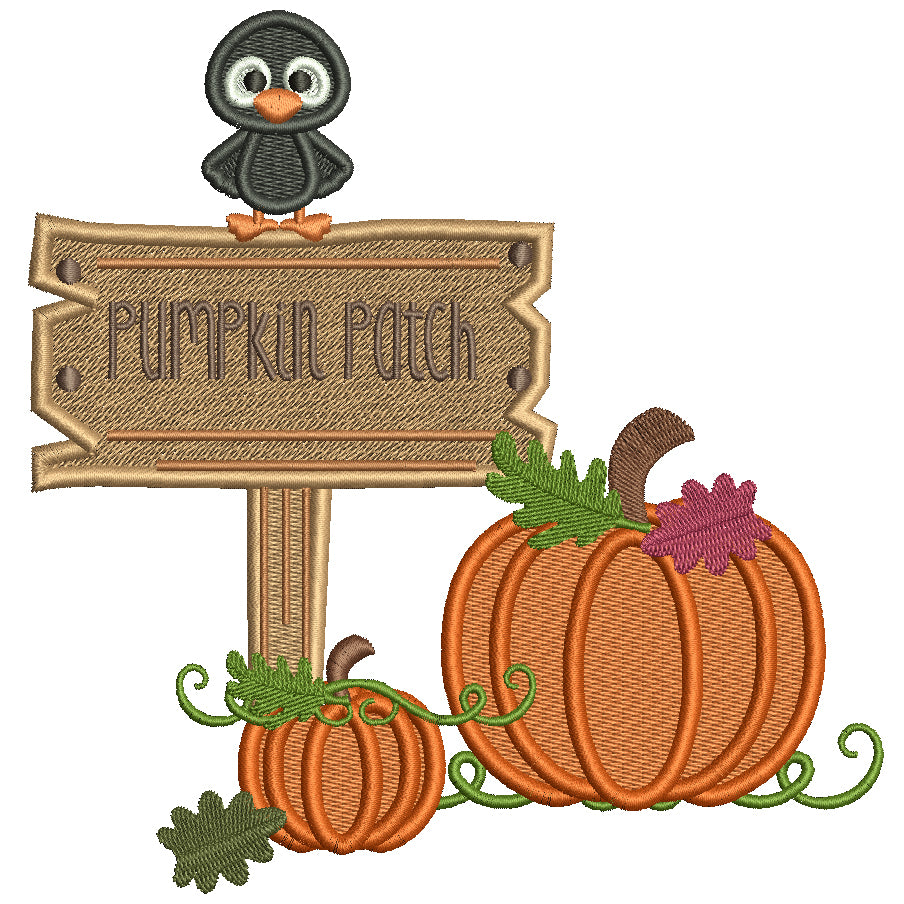 Pumpkin Patch Little Crow Sitting on the Sign Halloween Filled Machine Embroidery Design Digitized Pattern