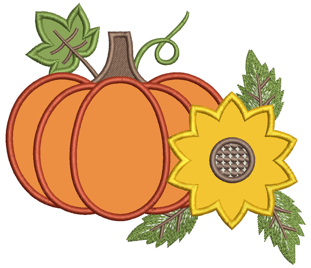 Pumpkin with Flower and Leaves Applique Filled Machine Embroidery Design Digitized Pattern