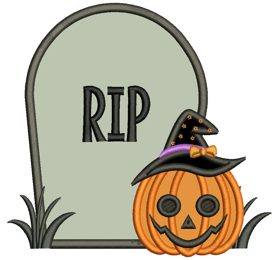 RIP Halloween Pumpkin Wearing WItch Hat Applique Machine Embroidery Design Digitized Pattern