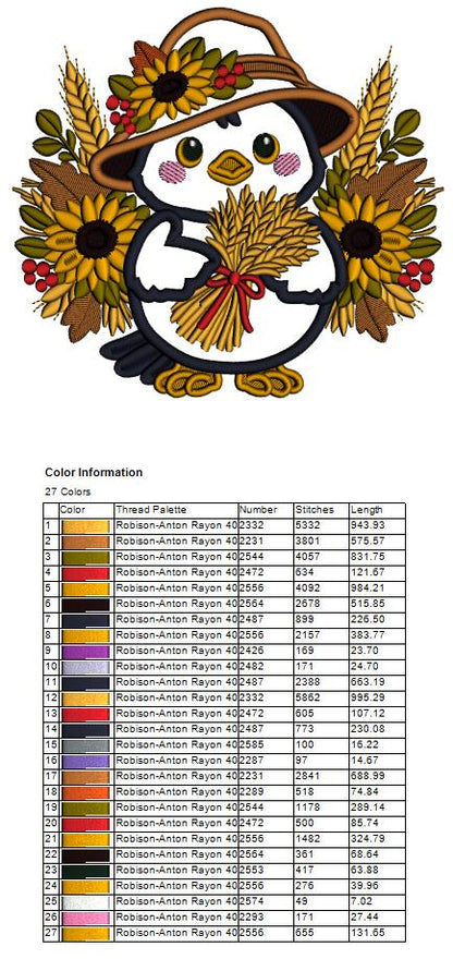 Crow With Sunflowers and Large Hat Applique Machine Embroidery Design Digitized Pattern