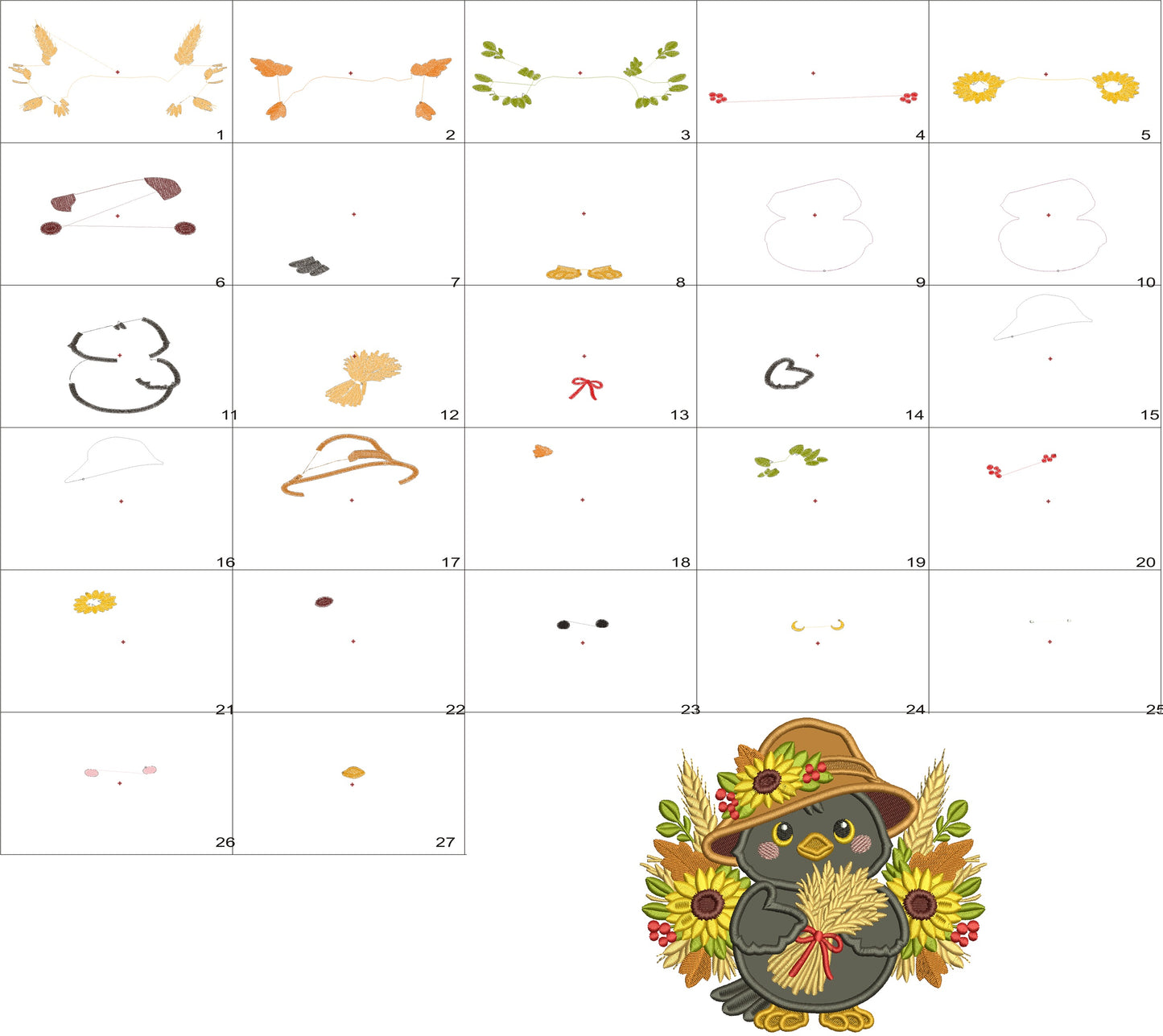 Crow With Sunflowers and Large Hat Applique Machine Embroidery Design Digitized Pattern