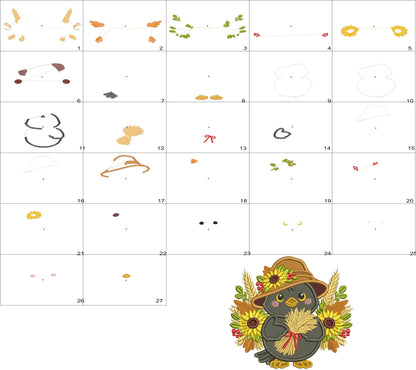 Crow With Sunflowers and Large Hat Applique Machine Embroidery Design Digitized Pattern