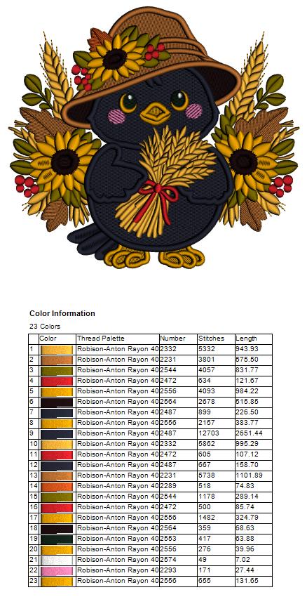 Crow With Sunflowers and Large Hat Filled Machine Embroidery Design Digitized Pattern
