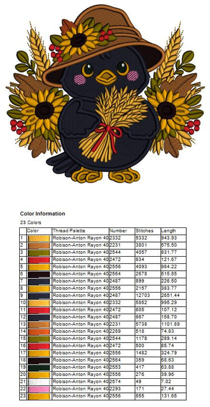 Crow With Sunflowers and Large Hat Filled Machine Embroidery Design Digitized Pattern