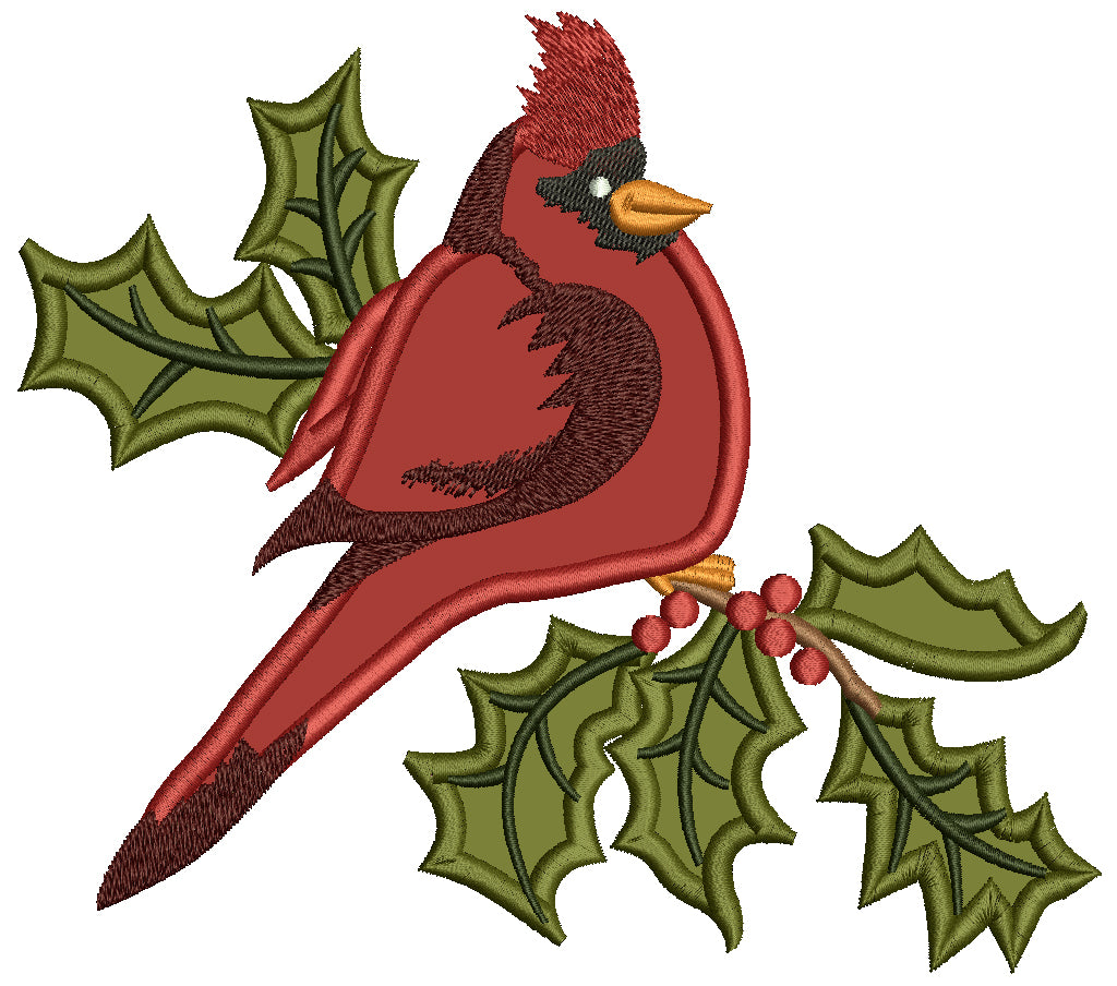 Red Cardinal Sitting On a Branch Christmas Applique Machine Embroidery Design Digitized Pattern