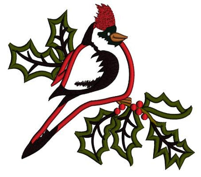 Red Cardinal Sitting On a Branch Christmas Applique Machine Embroidery Design Digitized Pattern