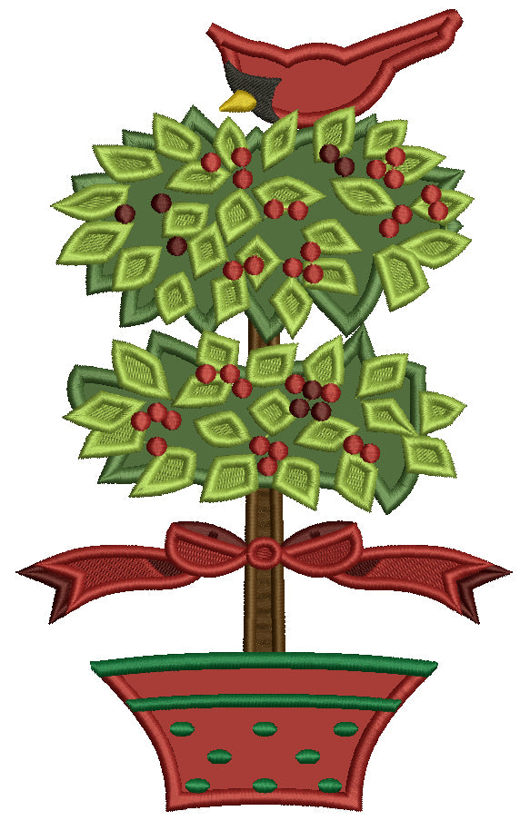 Red Cardinal Sitting on a Tree Christmas Applique Machine Embroidery Design Digitized Pattern