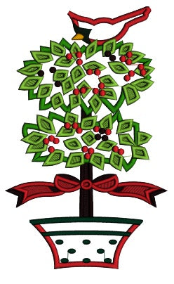 Red Cardinal Sitting on a Tree Christmas Applique Machine Embroidery Design Digitized Pattern