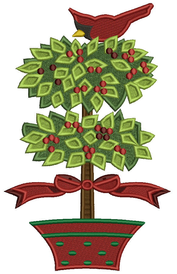 Red Cardinal Sitting on a Tree Christmas Filled Machine Embroidery Design Digitized Pattern