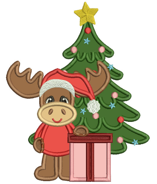 Reindeer With a Big Present Standing Next To Christmas Tree Applique Machine Embroidery Design Digitized Pattern
