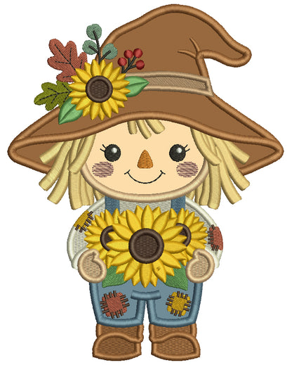 Scarecrow Holding Sunflower Applique Machine Embroidery Design Digitized Pattern