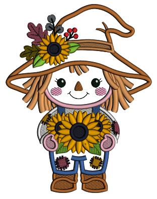 Scarecrow Holding Sunflower Applique Machine Embroidery Design Digitized Pattern