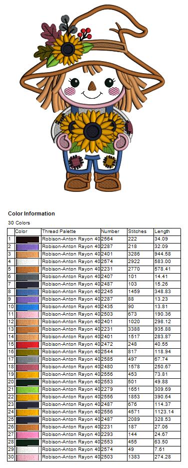 Scarecrow Holding Sunflower Applique Machine Embroidery Design Digitized Pattern