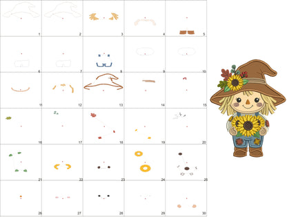 Scarecrow Holding Sunflower Applique Machine Embroidery Design Digitized Pattern