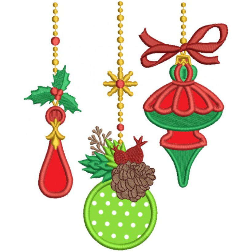 Three Christmas Ornaments Applique Machine Embroidery Design Digitized Pattern