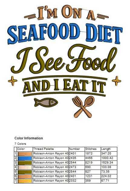 🍤😂 I’m on a Seafood Diet – I See Food and I Eat It – Funny Sarcastic Saying Filled Machine Embroidery Design