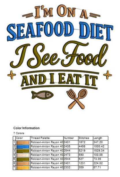 🍤😂 I’m on a Seafood Diet – I See Food and I Eat It – Funny Sarcastic Saying Filled Machine Embroidery Design