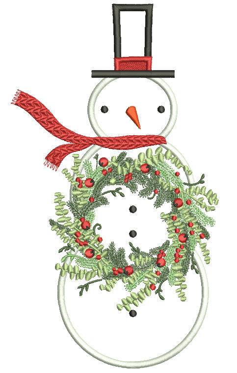 Snowman Holding Christmas Wreath Applique Machine Embroidery Design Digitized Pattern