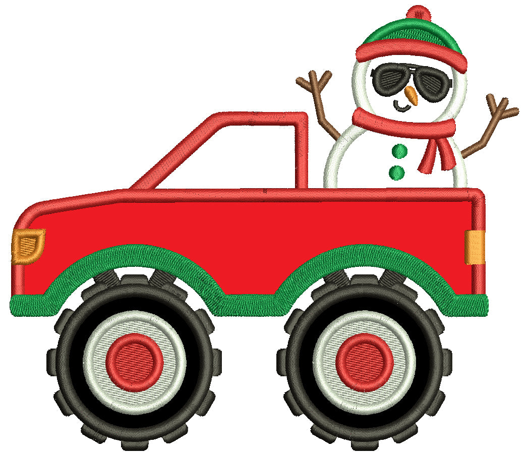 Snowman In The Truck Christmas Applique Machine Embroidery Design Digitized Pattern