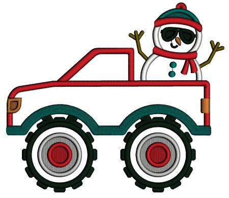 Snowman In The Truck Christmas Applique Machine Embroidery Design Digitized Pattern