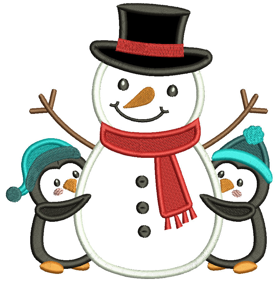 Snowman and Two Penguins Christmas Applique Machine Embroidery Design Digitized Pattern