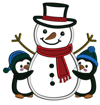 Snowman and Two Penguins Christmas Applique Machine Embroidery Design Digitized Pattern