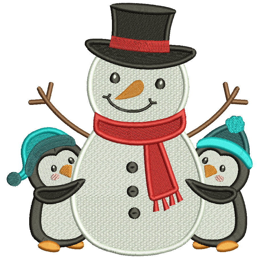 Snowman and Two Penguins Christmas Filled Machine Embroidery Design Digitized Pattern