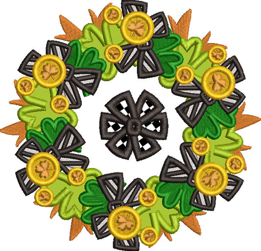 St. Patrick's Day Wreath With Gold Shamrock Coins Applique Machine Embroidery Design Digitized Pattern