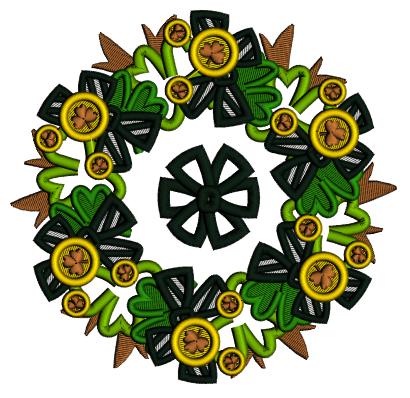 St. Patrick's Day Wreath With Gold Shamrock Coins Applique Machine Embroidery Design Digitized Pattern