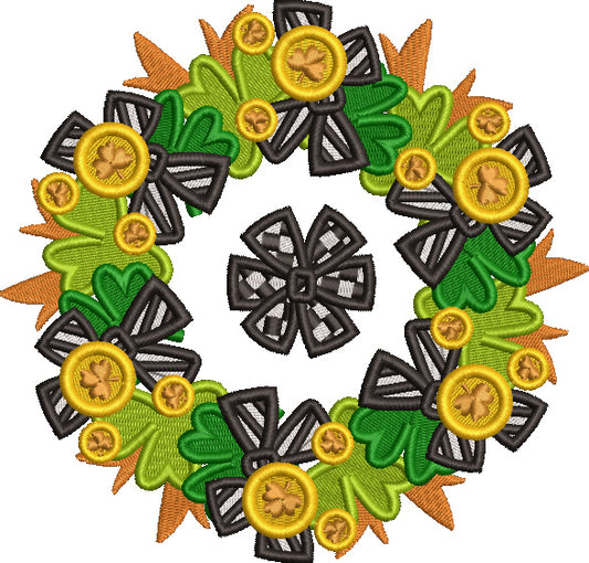 St. Patrick's Day Wreath With Gold Shamrock Coins Filled Machine Embroidery Design Digitized Pattern